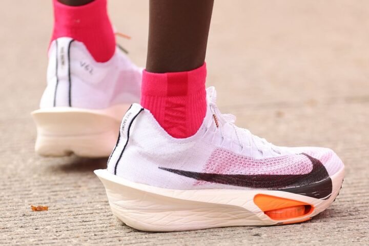 Close-up of the Nike running shoes Kelvin Kiptum wore in the Chicago Marathon 2023