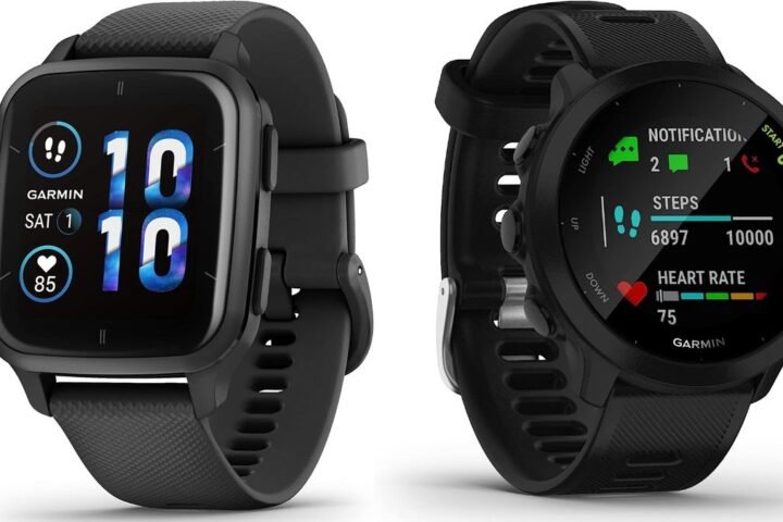 Garmin Venu Sq 2 Music next to Garmin Forerunner 55