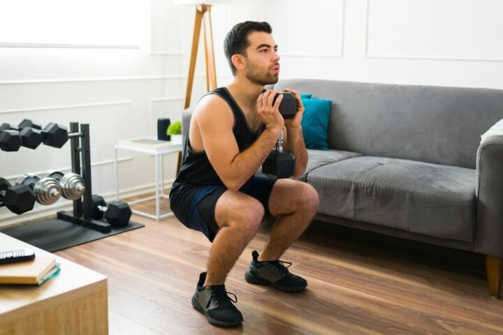 Man performing squat at home, holding dumbbell by his chest