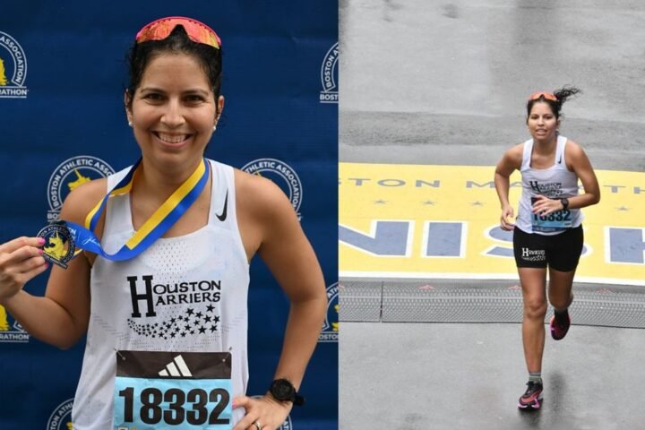 Two images side by side of Emilia Benton holding her Boston Marathon finisher&rsquo;s medal and Emilia Benton crossing the Boston Marathon finish line
